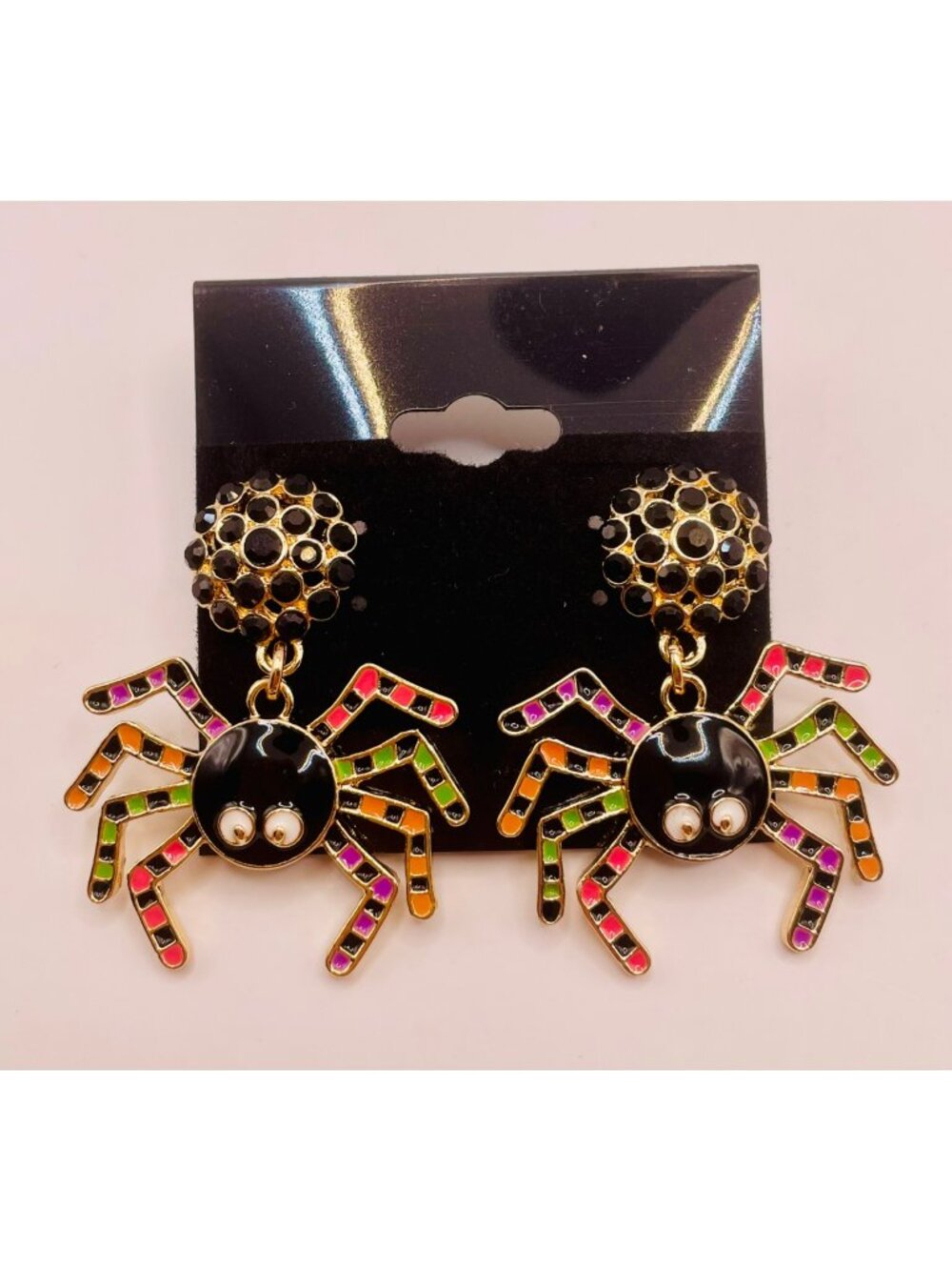 Halloween Spider Dangle Earrings Black Rhinestones & Multicolor Enamel Legs -39B